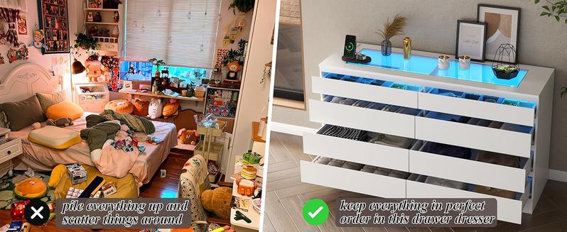 8 Drawer Dresser with Power Outlet and LED, White Dresser for Bedroom Chest of Drawer with Glass Top, Modern Double Wide Drawer Organizer Cabinet for Living Room