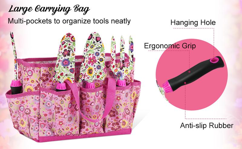 Gardening Tools Set, 10 PCS Stainless Steel Heavy-Duty with Non-slip Soft Rubber Handle with Large Garden Bag, Floral Pattern Gardening Tool Set Gifts for Women Birthday Mother's Day, Pink