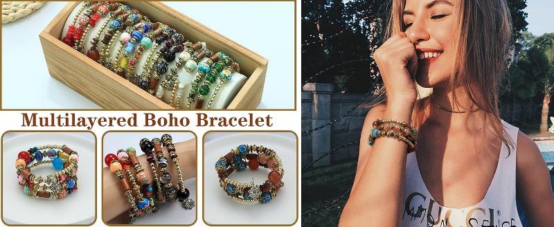 FIBO STEEL 6 Sets Multicolor Stackable Bracelets for Women Stretch Multilayered Boho Jewelry Christmas Gift Trendy Fashionable Accessories