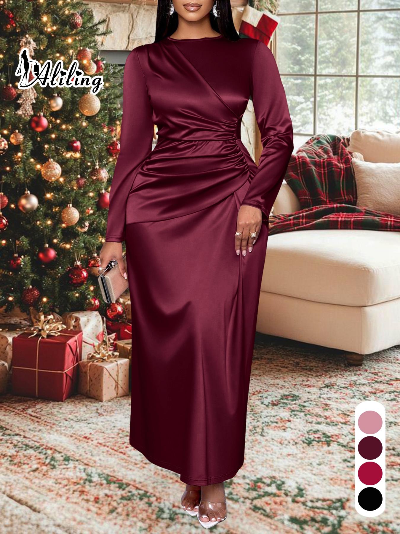Plus-size Christmas Women's Vlothing Women's Elegant Plain Satin Dress, Round Neck Long Sleeve Bodycon High Waist Maxi Gown, Fall Fashion Plus Size Evening Wear
