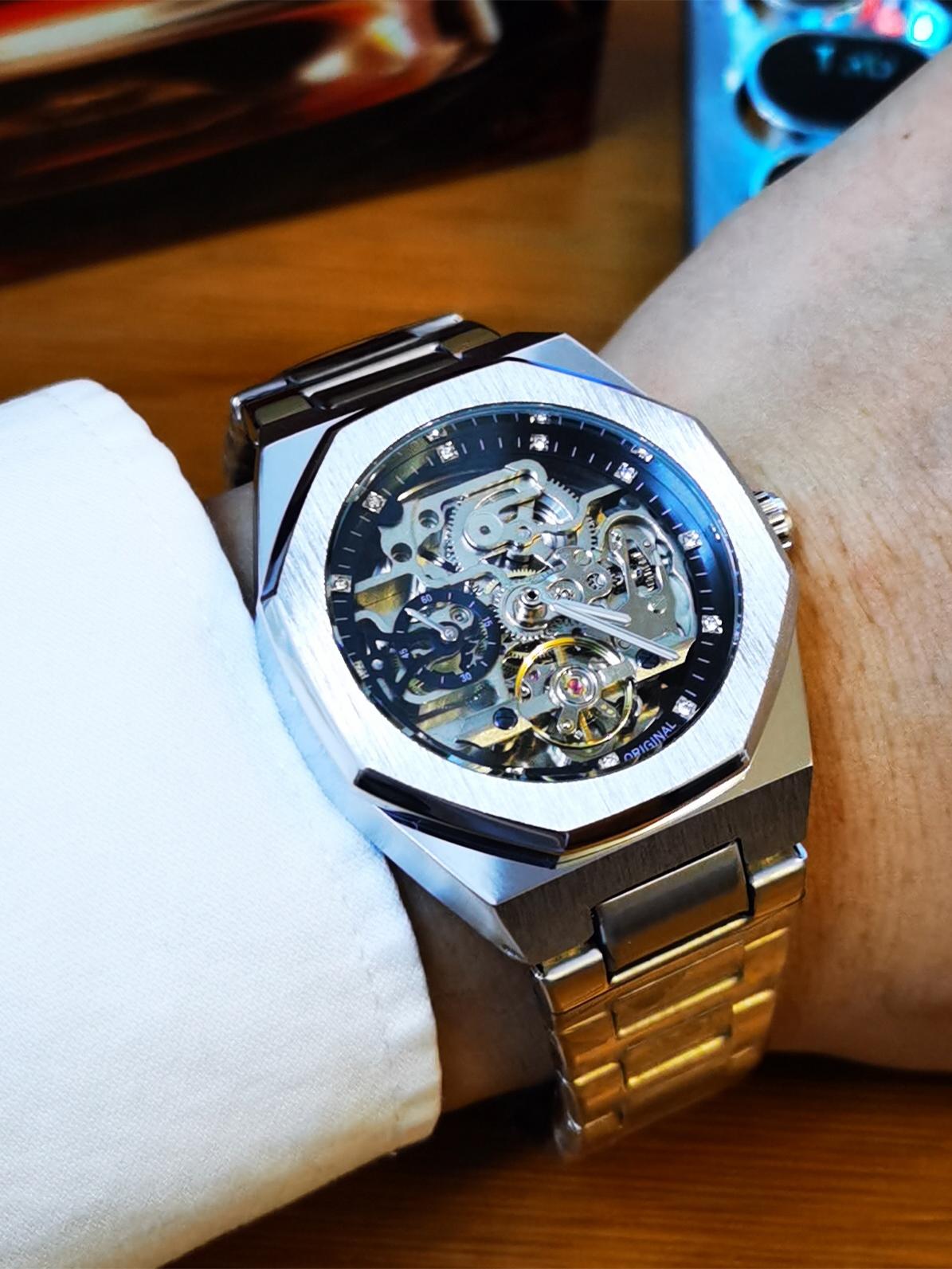 Men's Classic Business Rhinestone Decorated Analog Mechanical Watch, Fashionable Wristwatch for Men, Stylish Watch, Luminous Hands Watch for Party, Daily Clothing Decor, Watch for Birthday Gift with Box, Stainless Steel Wristwatch detail 17