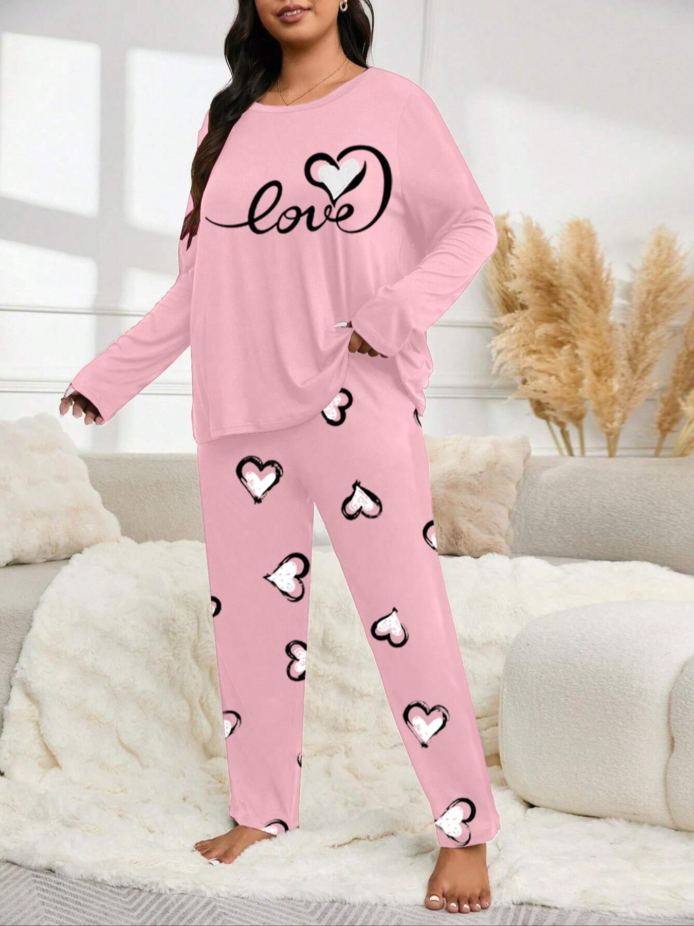 Plus Size Women's Heart Print Long Sleeve Pajama Set, Casual Fitted Sleepwear, Pajamas Sets, Comfortable Home Wear for Fall & Winter