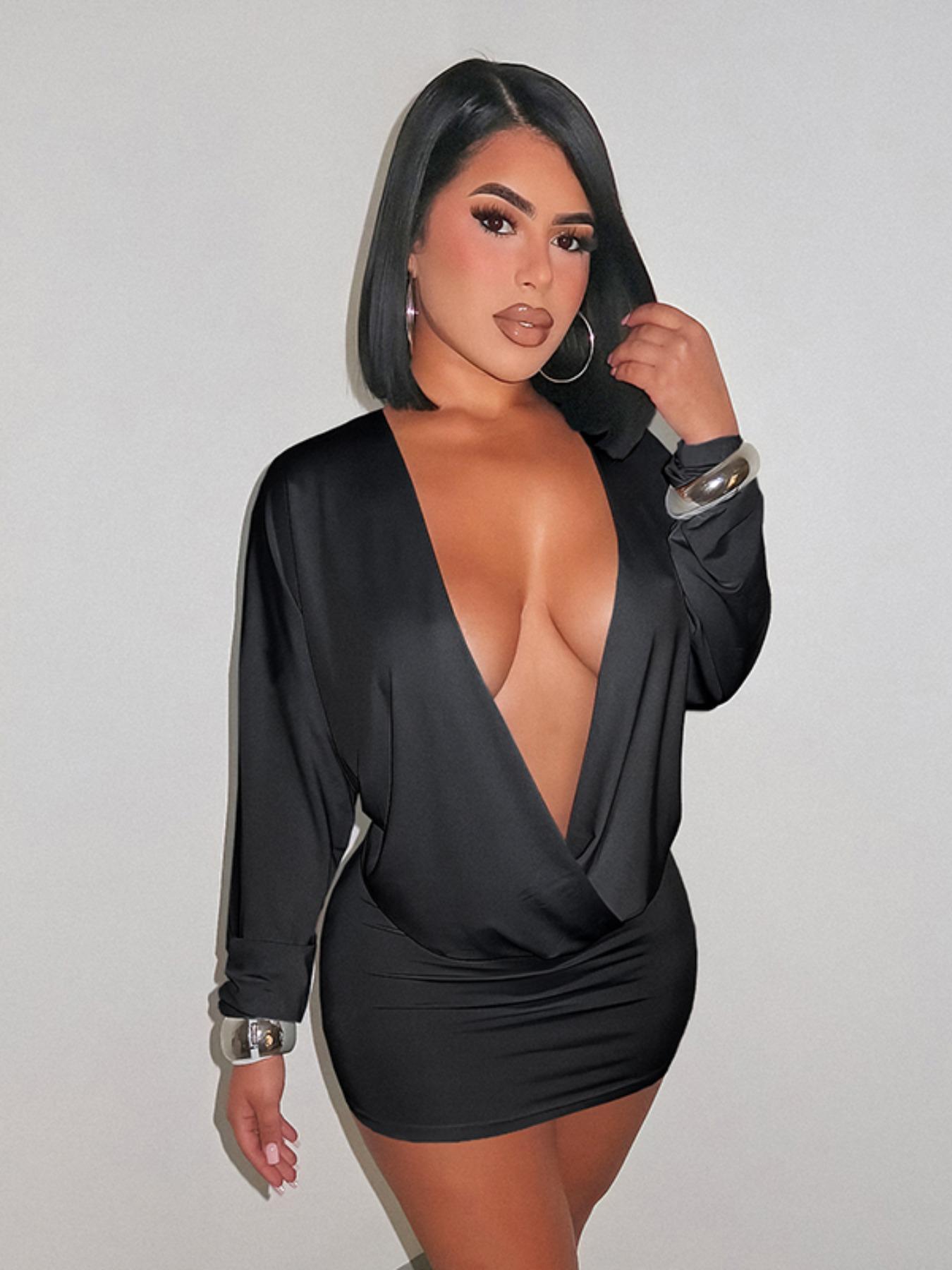 Women's Street Style Y2K Deep V Batwing Sleeve Dress, Long Sleeve Spring & Fall Fashion, Trendy Ladies for Casual Wear, Casual Comfy Chic