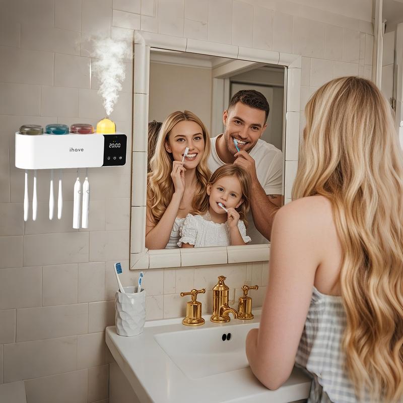 iHave Toothbrush Holders with UV Toothbrush Sanitizer & Aromatherapy Diffuser - Turbo Air Heated Drying, Night Light & Clock - Wall-Mounted Bathroom Organizer , Stylish Decor & Storage Home Goods Organizing