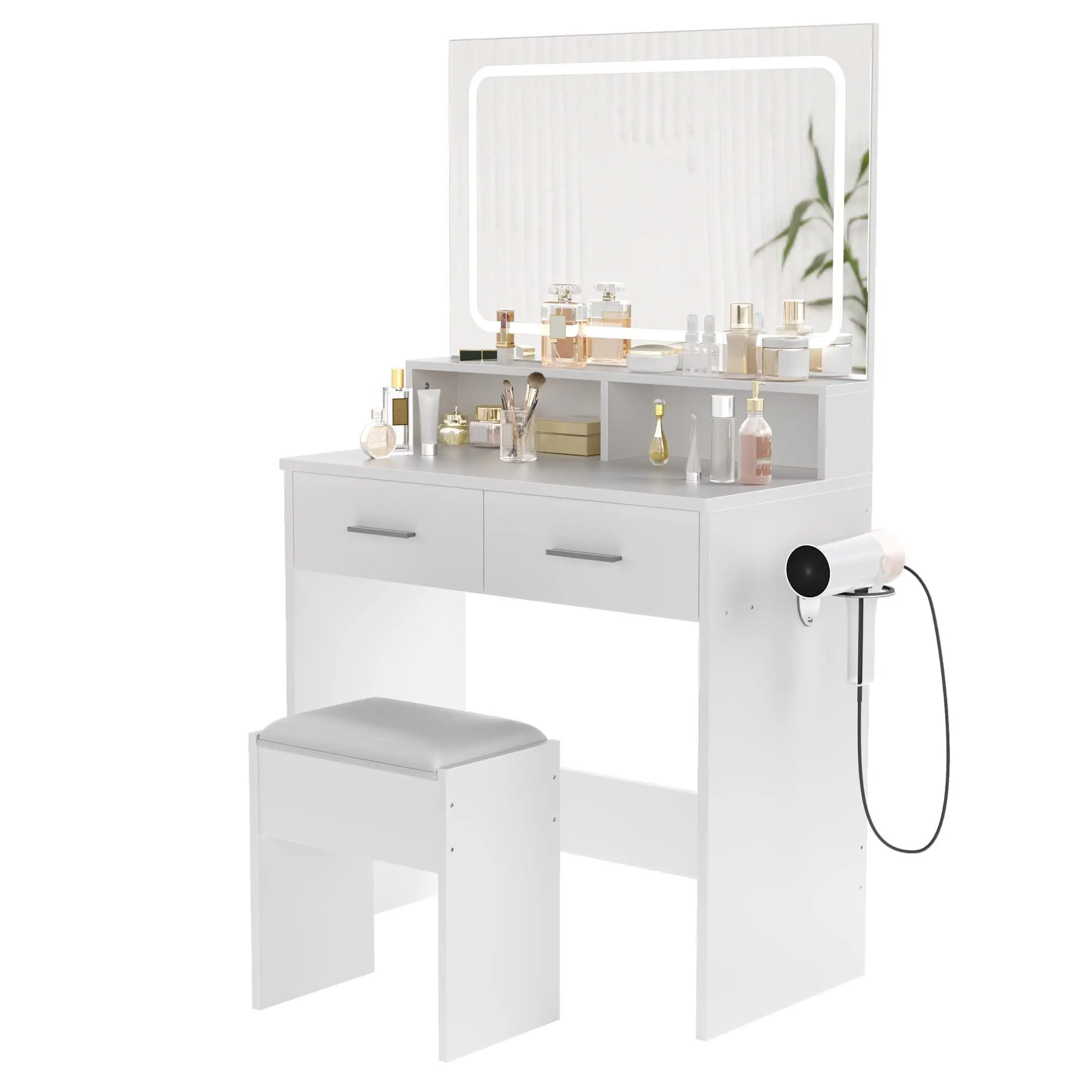 GARVEE Modern Vanity Desk Set with Adjustable LED Mirror & Charging Station – 2 Drawers, Cushioned Stool – Makeup Table for Bedroom Organization – White