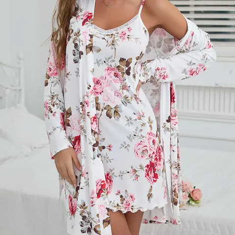 Women's Floral Print Belted Robe & Cami Nightdress Two-piece Set, Casual Comfy Loungewear Set for Women, Ladies Sleepwear for All Seasons, House Coat And Night Gown