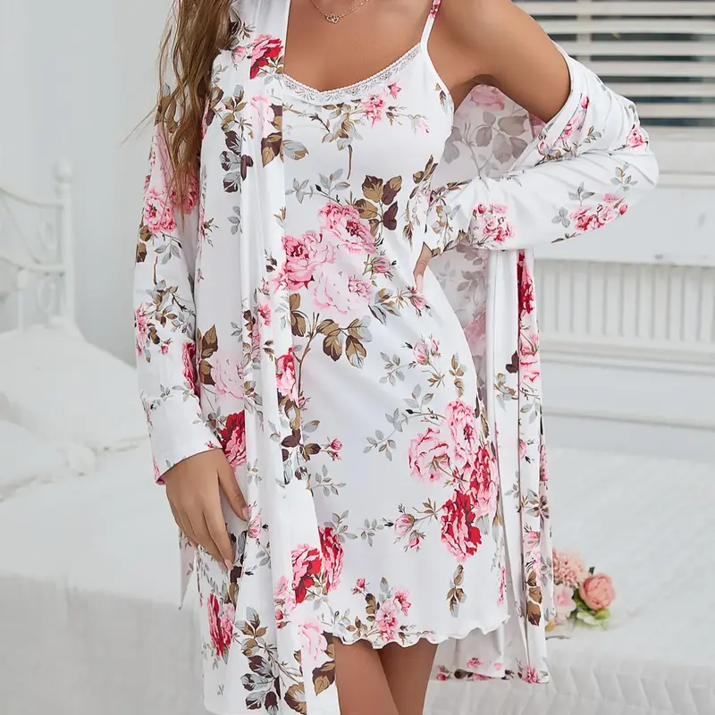 Women's Floral Print Belted Robe & Cami Nightdress Two-piece Set, Casual Comfy Loungewear Set for Women, Ladies Sleepwear for All Seasons, House Coat And Night Gown