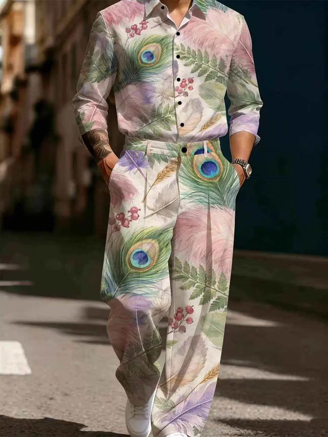 Peacock Feather Pattern Long Sleeve Shirt and Pants Set, Elegant Artistic Design, Perfect for Parties, Casual Outing, Streetwear, Everyday