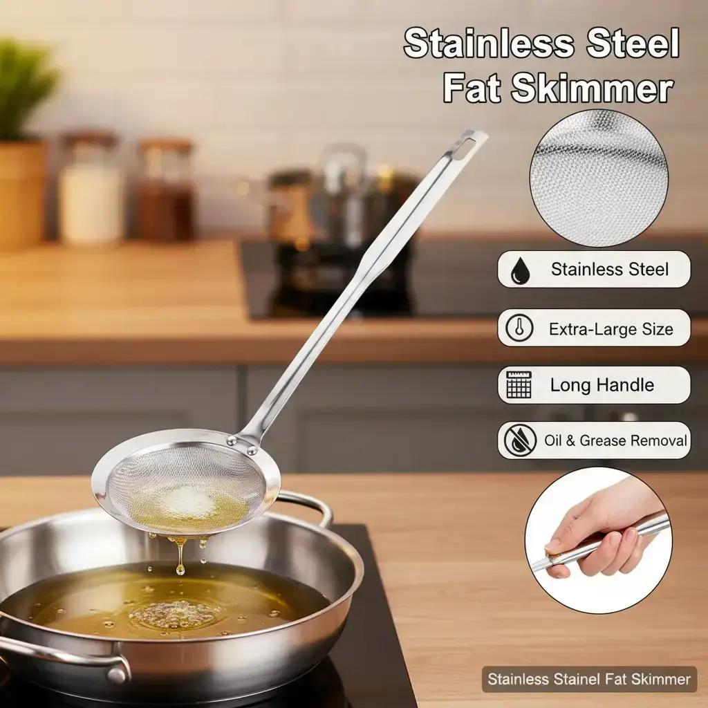 Stainless Steel Fat Skimmer Spoon – Extra-Large & Long Handle Fine Mesh Strainer for Cooking, Frying, Oil, Foam & Grease Removal, Kitchen Tool, Kitchen Utensils Gadgets