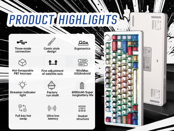 Aula F75 Mechanical Keyboard, Wireless RGB Backlit Gaming Keyboard w/Hot-Swap Socket & Knob, Gasket Mount Pre-lubed Reaper Switches, Bluetooth/2.4GHz/Type-C, Creamy Sounding Manga Keycaps