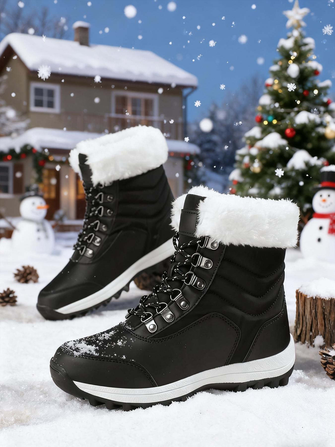 Women's High-Top Lace-Up Hiking Boots, Trekking Shoes, Durable Outdoor Snow Boots with Fleece Lining, Fashionable and Comfortable for Daily Wear and Outdoor Activities, Christmas Gift, Casual Hiking Shoes