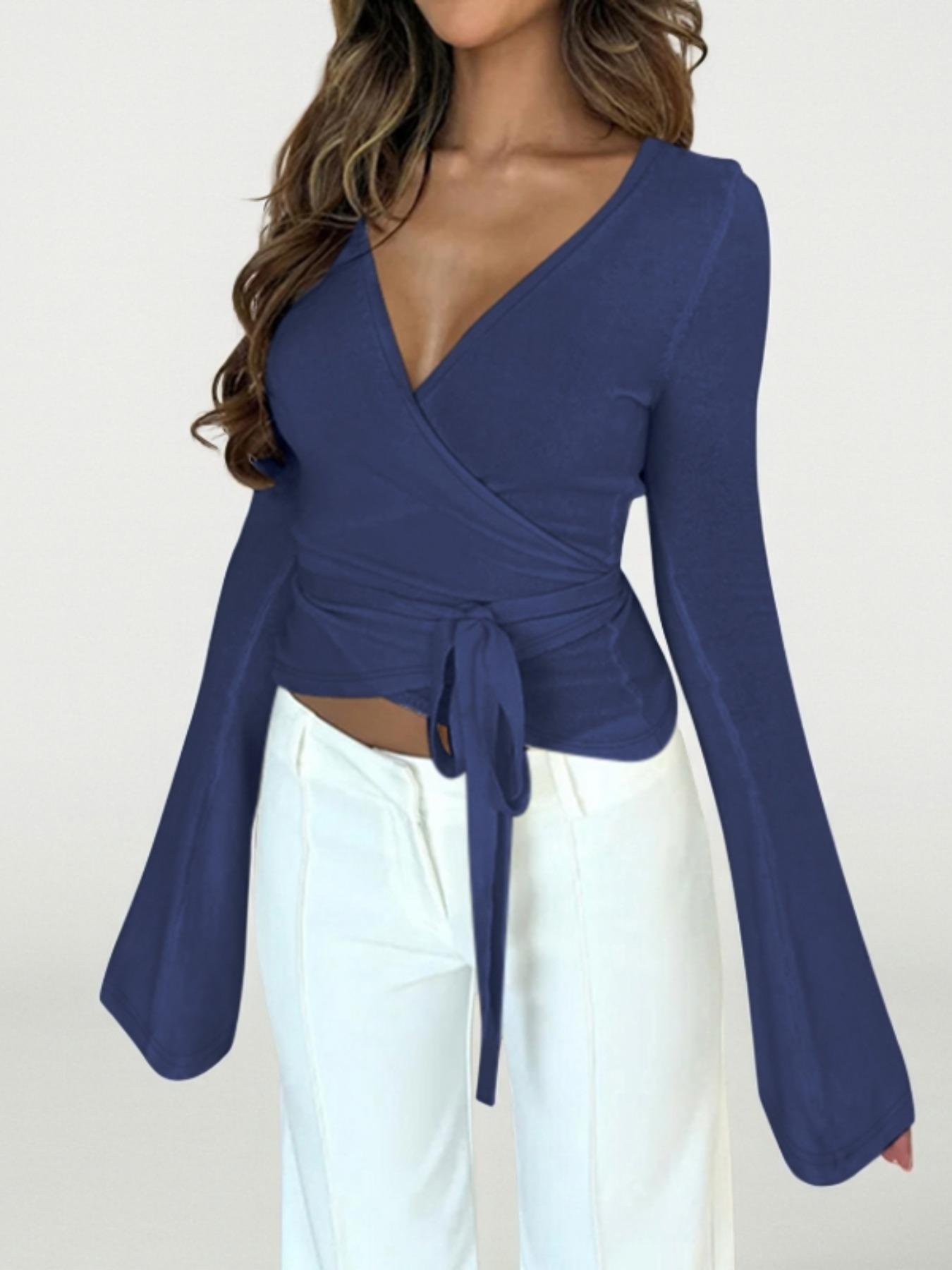 Women's Plain V-Neck Wrap Tee, Elegant Casual Long Sleeve T-shirt for Daily Outdoor Wear, Women's Clothing for Fall & Winter