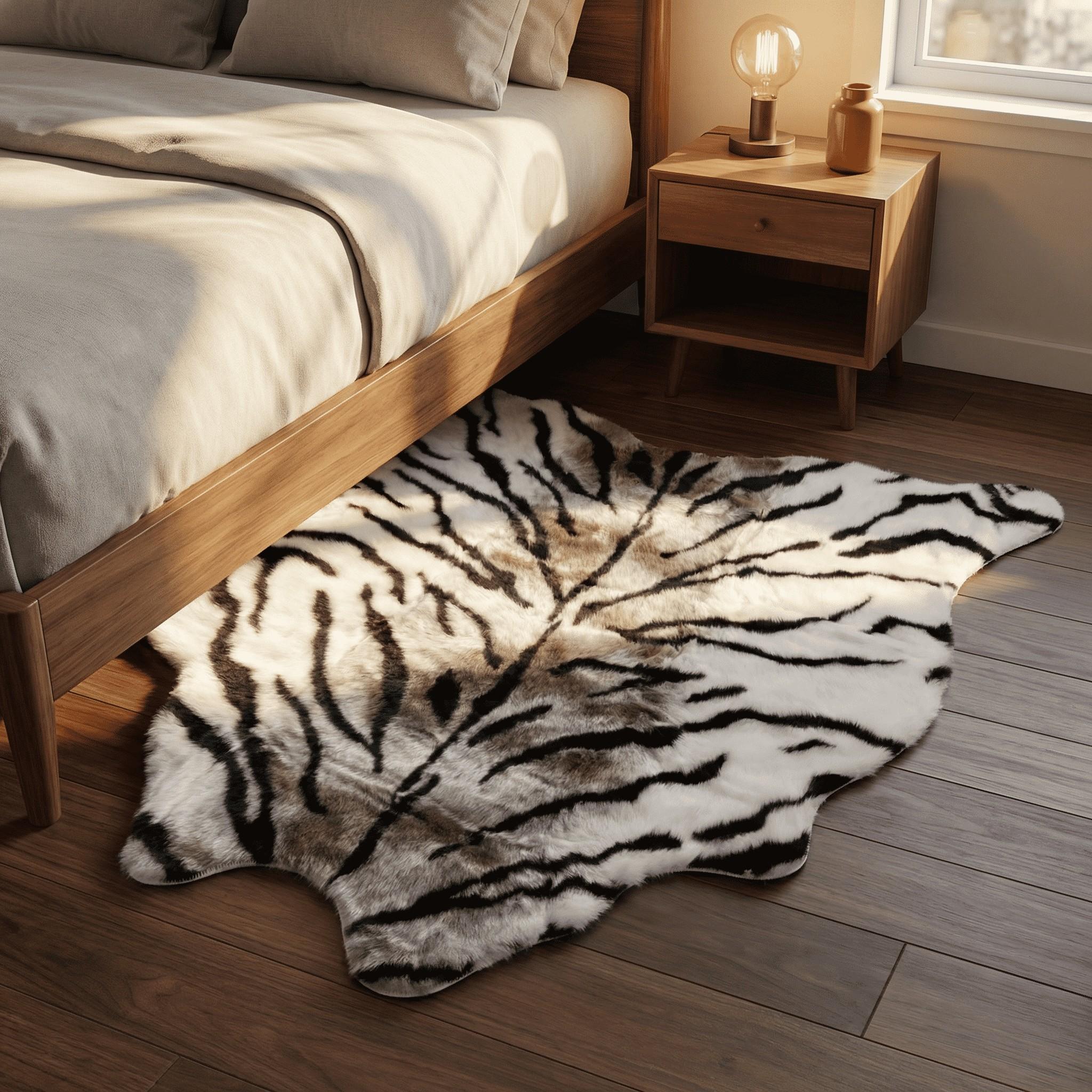 Luxurious Tiger Print Plush Rug, Animal Print Rug, Tiger Pattern Design, Soft Comfortable Bedroom Bedside Decorative Mat, Sofa Side Accent Pad, Home Decor Rugs, Non-Toxic Ca Prop 65 Compliant