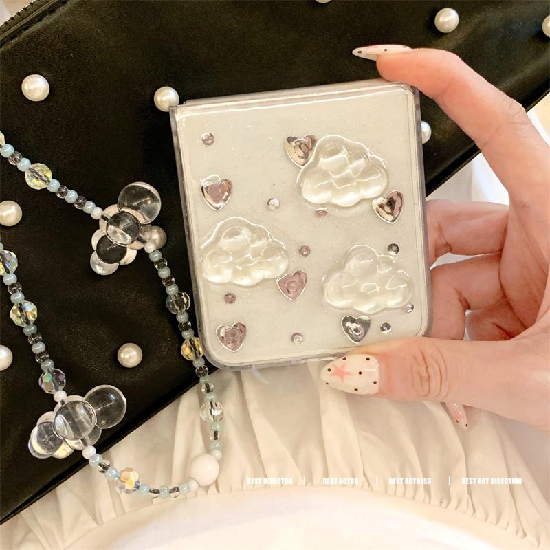 Fashion Glitter Love Cloud Resin Phone Case For Samsung Galaxy Z Flip 7 6 5 4 Flip7 Flip6 Cover with Chain Hand Rope Cute Cases