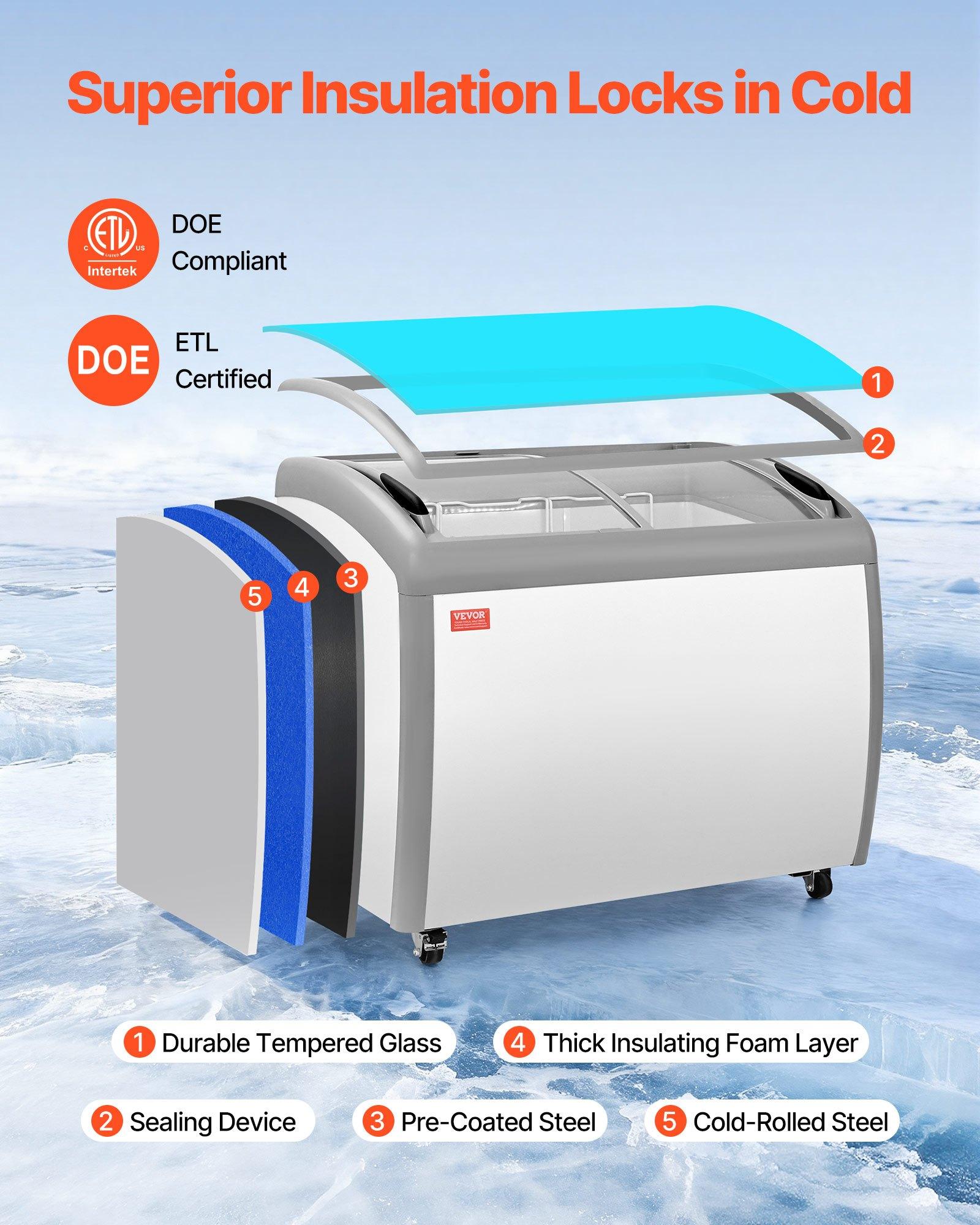 VEVOR Commercial Ice Cream Display Case, 9.3 Cu.ft (264L) Direct Cooling Cold Rolled Plate Chest Freezer, --19 To 3 ℉℉ Temp Adjustable, with 3 Wire Ice Cream Baskets, 2 Sliding Tempered Glass Doors, Locking Casters & LED Strip Lighting for Cafe Owners, Ba
