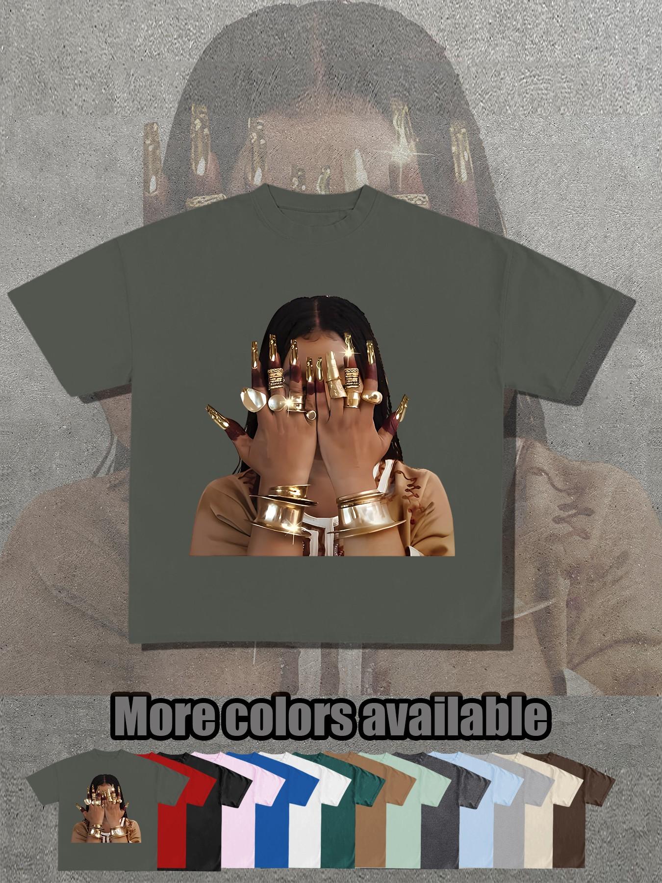 14 Color Options, Retro Egyptian Queen Gold Nail Print T-Shirt, Unisex Short Sleeve, Loose Fit, Street Style, Summer Fashion Essential