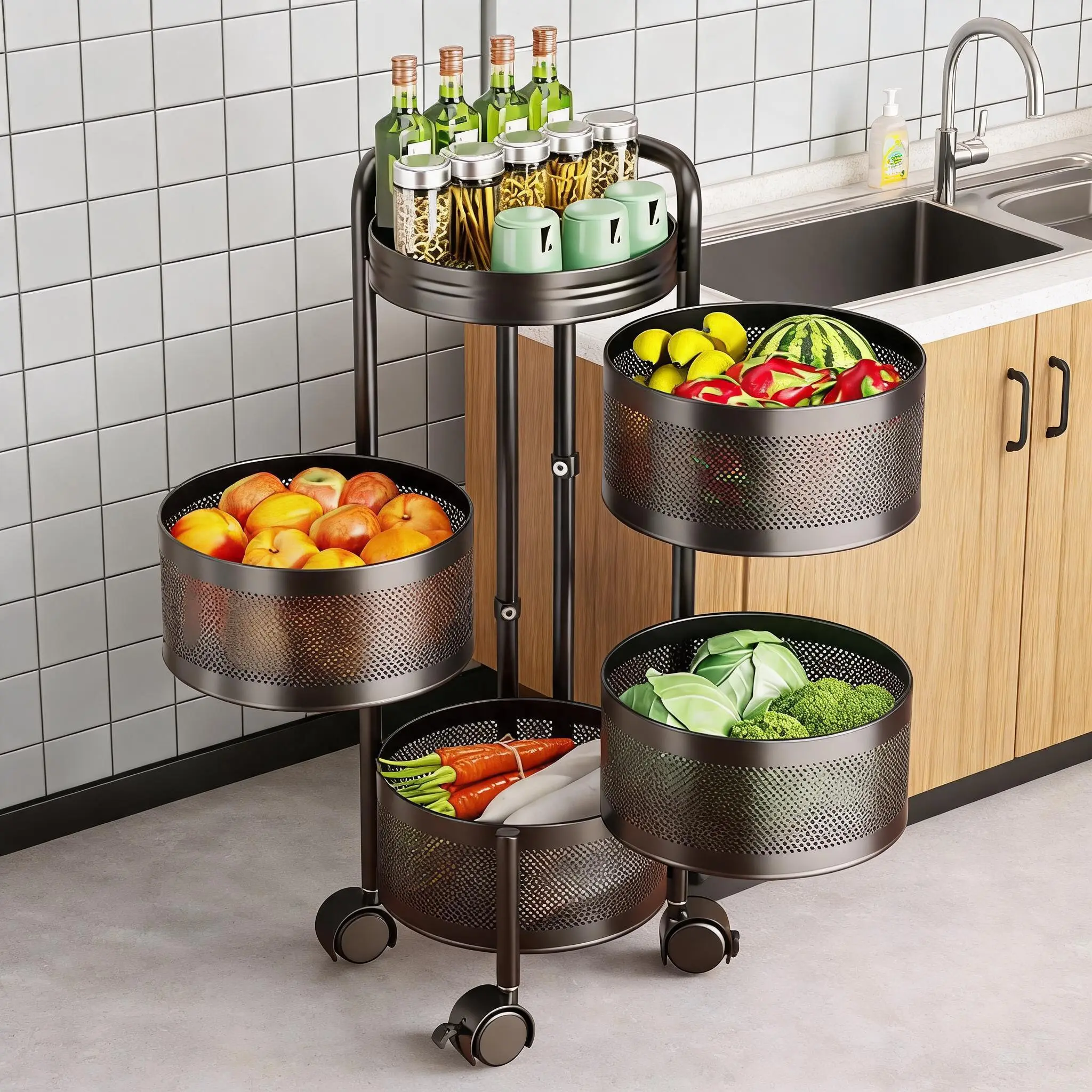 4-Tier Rolling Kitchen Utility Cart Organizer with Round Baskets - Metal Storage Rack on Wheels for Fruit & Snack Storage, Bathroom/Living Room