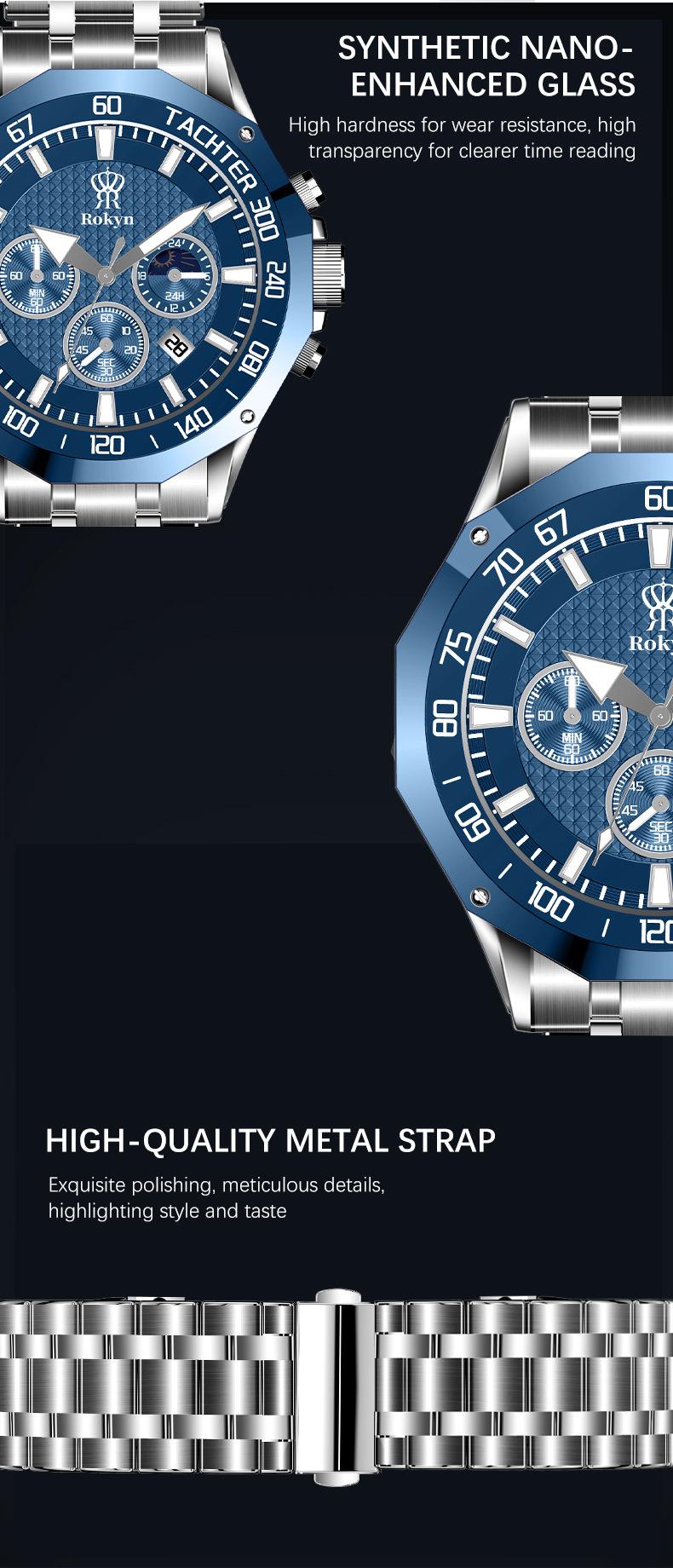 Rokyn Multifunctional Steel Band Quartz Watch, Waterproof Night Glow Moon Phase Timer, Men's Three Eye Six Needle Wristwatch