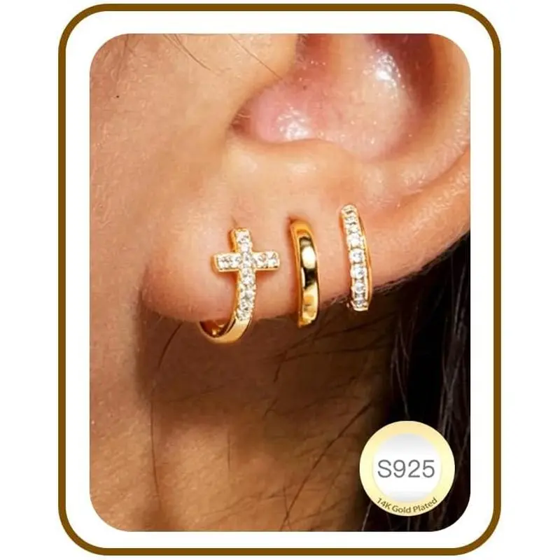 3Pairs Gold Cross Earrings for Women Hoops Huggie Earrings Stack Set