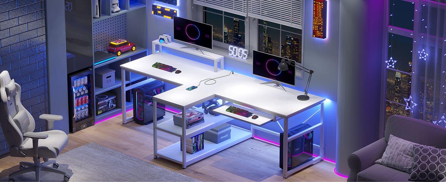 Sikaic 94.5 Inches T Shaped 2 Person Modern Gaming Desk Computer Furniture With Storage LED Lights Table Shelf Drawers Adjustable Ergonomic Tiltable Tabletop Dual Monitor Riser Dual Monitor Arms