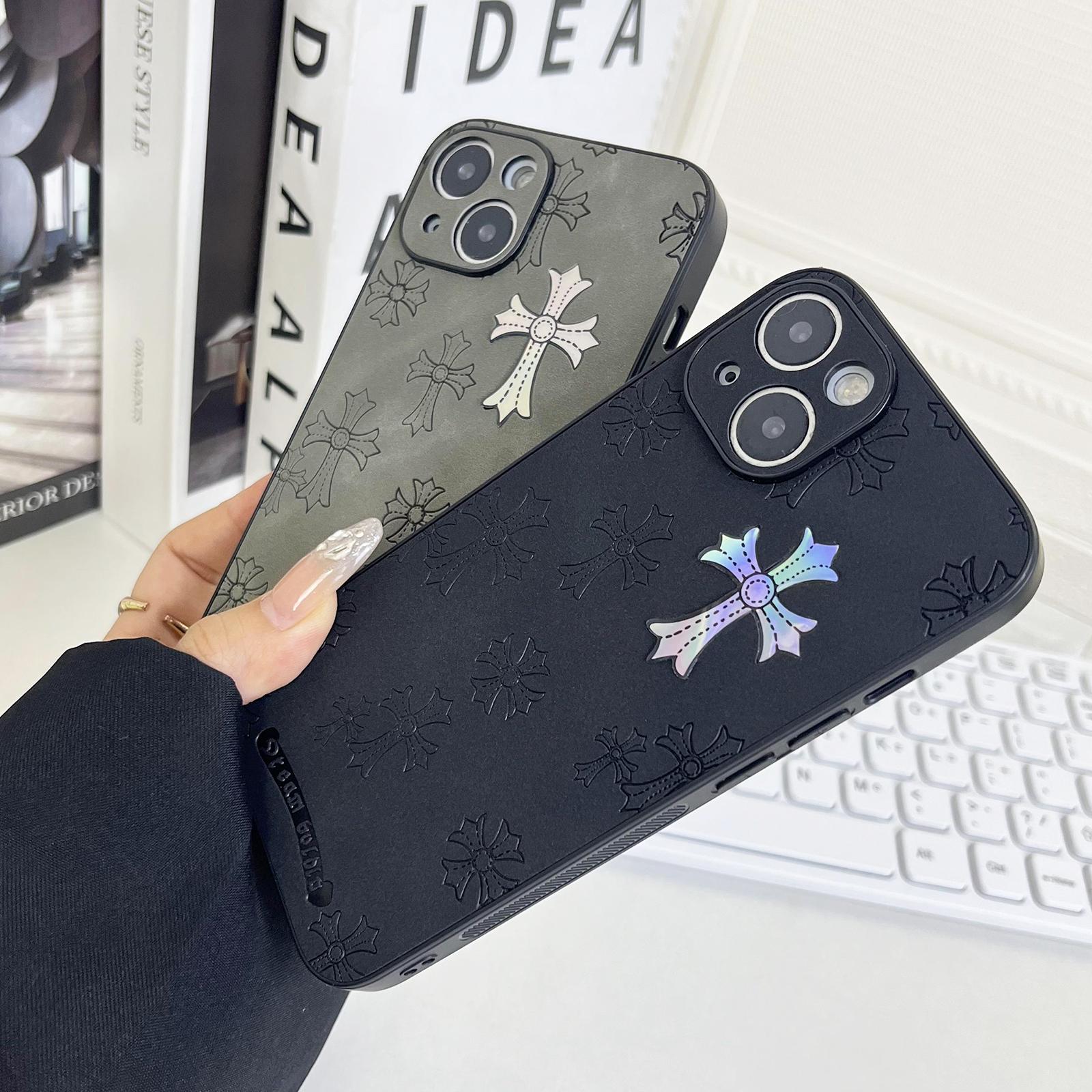 Cross logo leather phone case compatible with iPhone 17/16/15/14/13 Pro Max, iPhone 16/15Plus luxury pure plain leather ultra-thin business phone case 2024 6.1 inches (black)