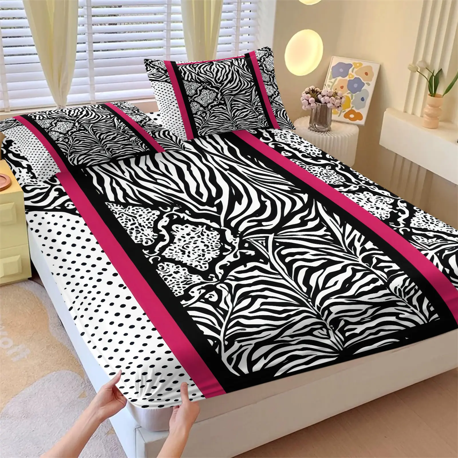 Y2K Hot Pink Stylish Zebra Leopard Patchwork Print Fitted Sheet Set, 1 Fitted Sheet & 2 Pillowcase, Modern Stylish Bed Set All Size, Soft Breathable Fabric, Deep Pocket Soft Bedding Set For All‑Season Bedroom Decor