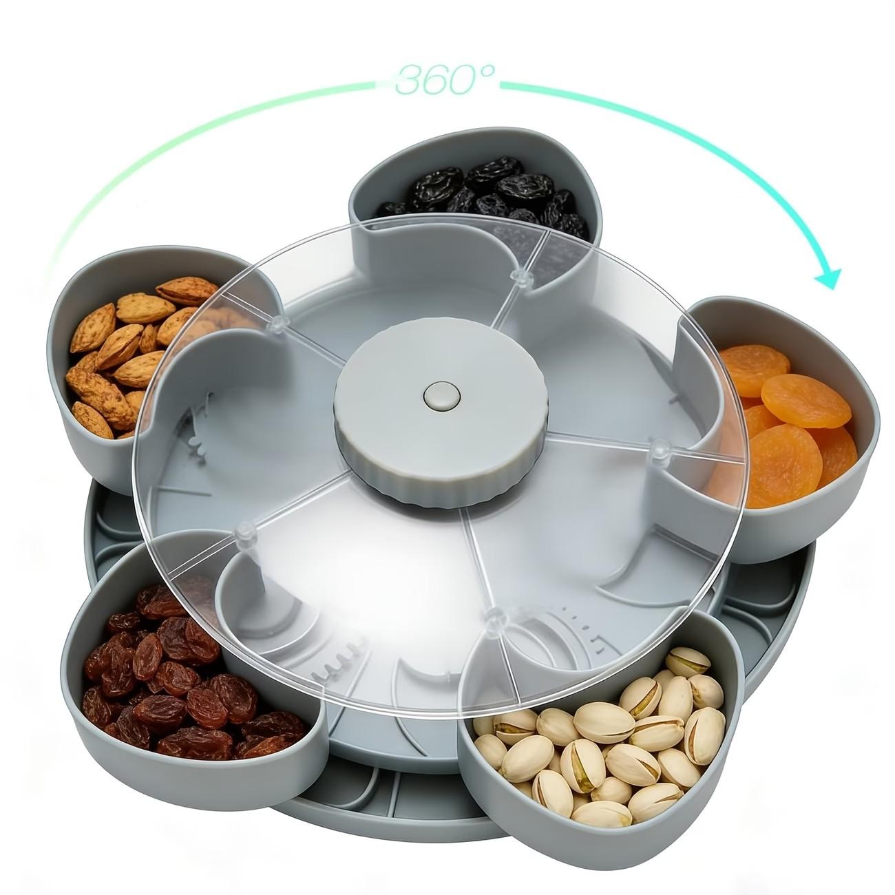 Rotating Divided Serving Tray with Spinning Lid, Multi-Compartment Food Organizer, Portable Travel Snack Box, Ideal Hostess Gift