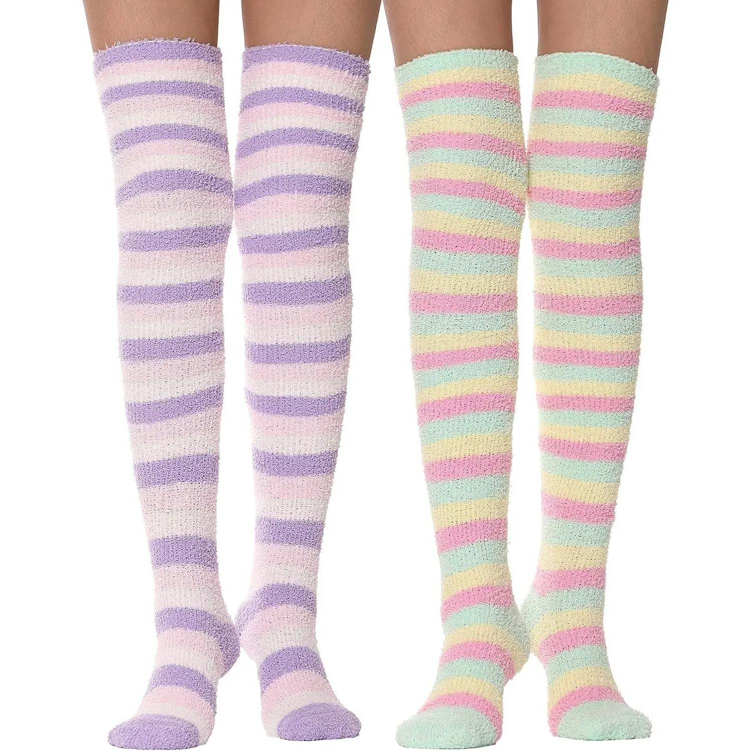 Women's Thigh High Fuzzy Socks - Warm Winter Over-the-Knee Striped Fluffy Cozy Fleece Socks, 2 PairsGift