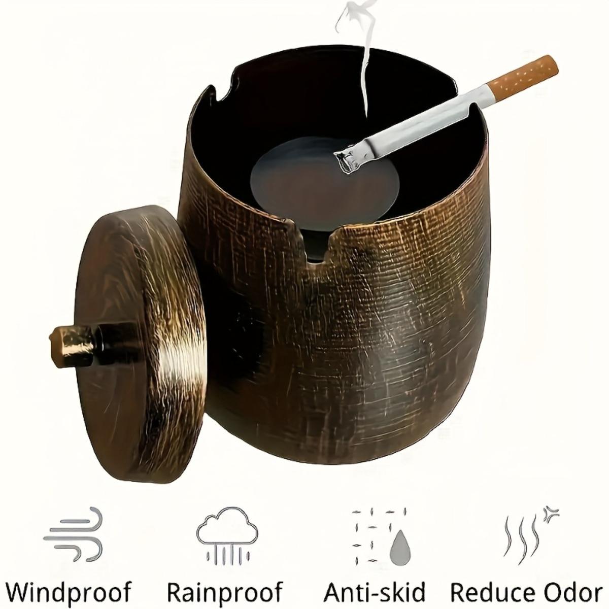 Round Iron Outdoor Ashtray with Lid, Windproof Rainproof Anti Ash Scatter Cigar Ashtray, Tabletop Ash Tray with Non Slip Base, Great for Home Office Balcony Patio Coffee Table Decor, Battery Free Use