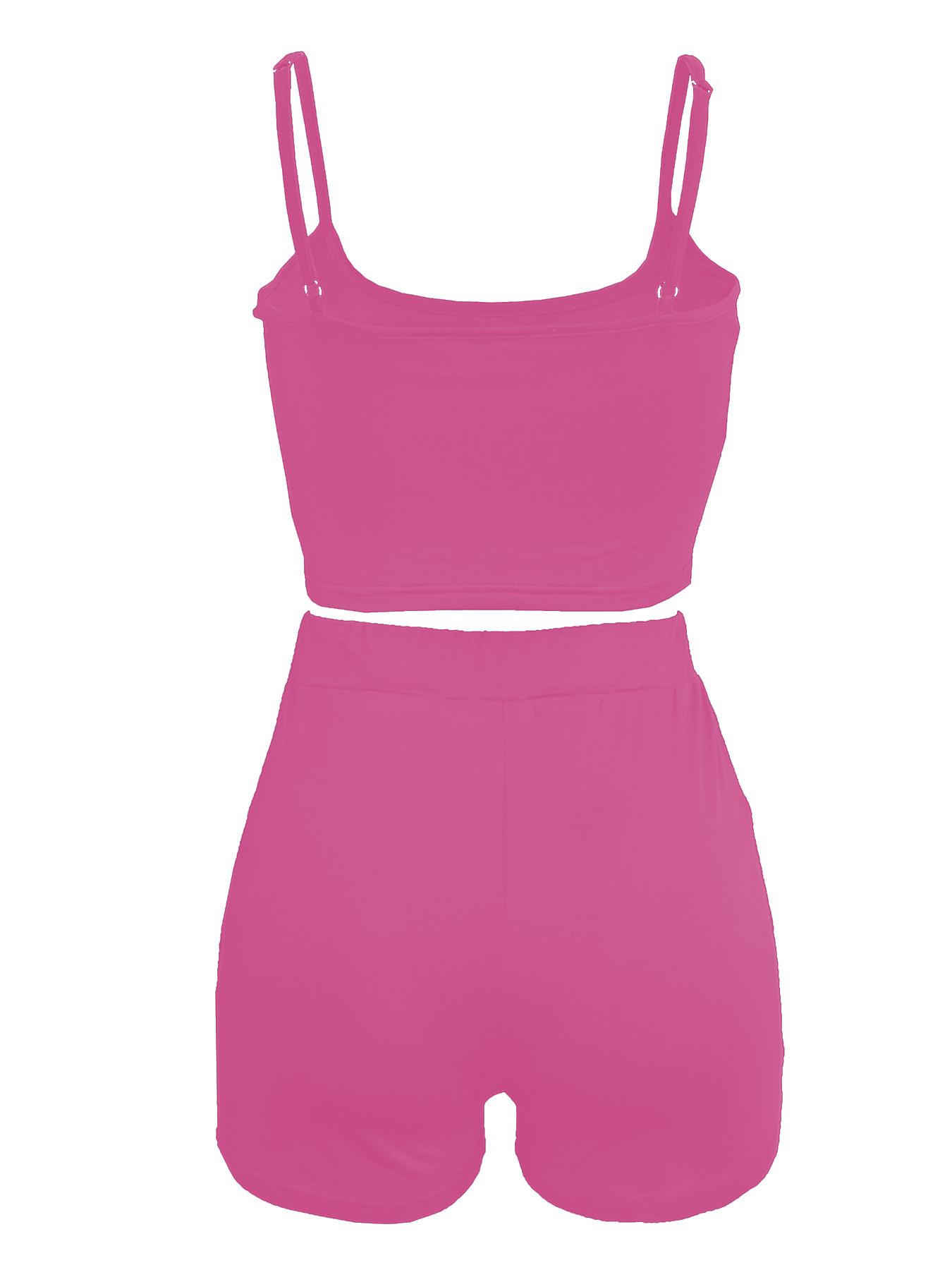 Adjustable waist cropped camisole top and elastic-waist fitted shorts, summer casual wear, women’s two-piece set