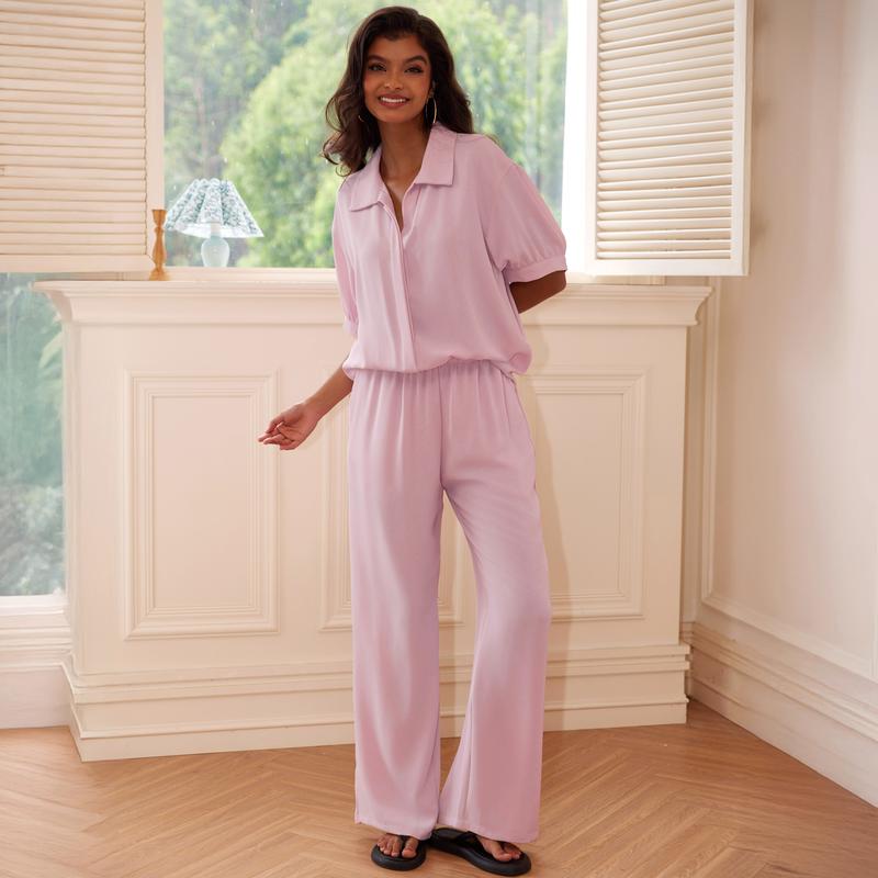 [US shipping]Joyfunear Women's Collared Shirt & Wide - Leg Pants Loungewear Set