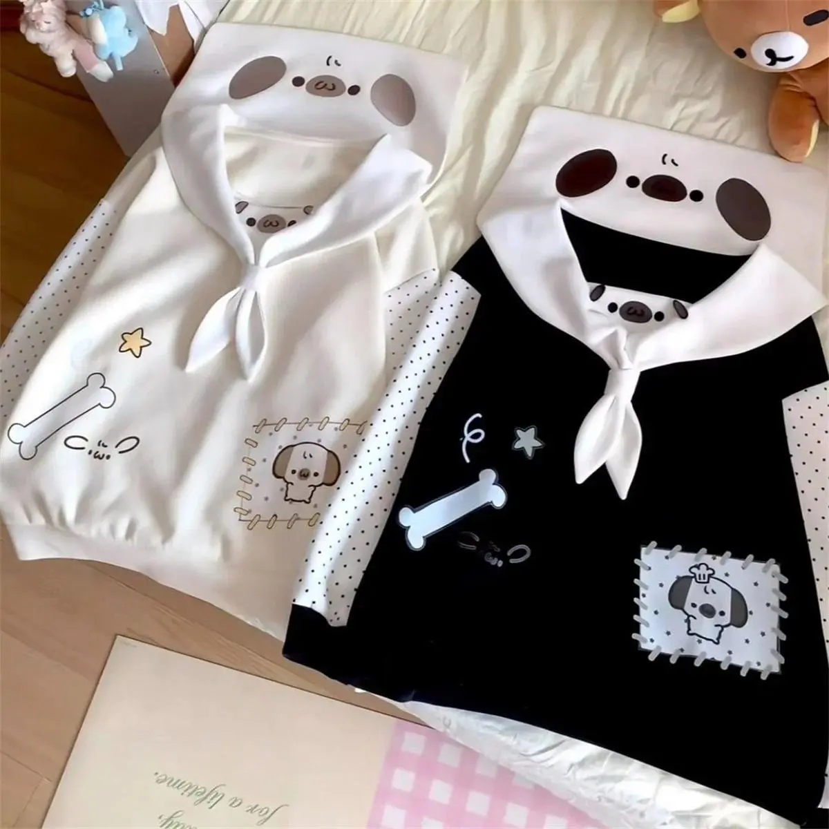 Japanese Kawaii Cartoon Dog Print ​Hoodies Women Sweet Sailor Collar Loose Sweatshirt Y2k Aesthetic Polka Dot Lolita Hoody Tops