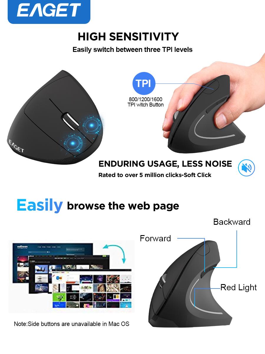 EAGET Wireless Ergonomic Performance Mouse, Vertical Mouse,Optical Office Mouse, Right Hand Mouse,Gaming Mouse for Computer Laptop(Black)