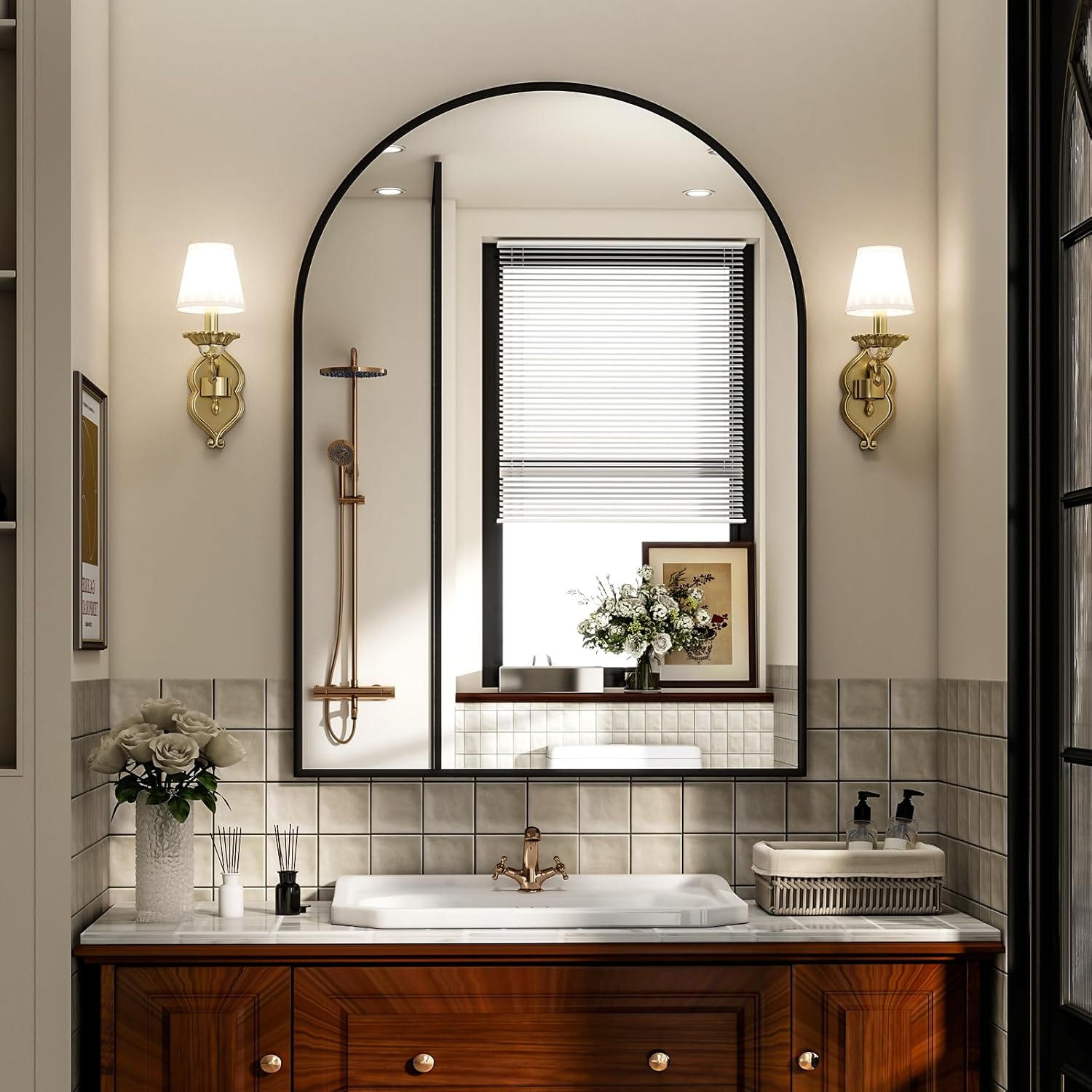 Arched Wall Mirror 30"L x 20"W with Rust-Proof Metal Frame - Anti-Fog & Explosion-Proof, Elegant Vanity Mirror for Bathroom, Bedroom, Entryway, Living Room Decor (Modern Luxury Design, Golden/Black)