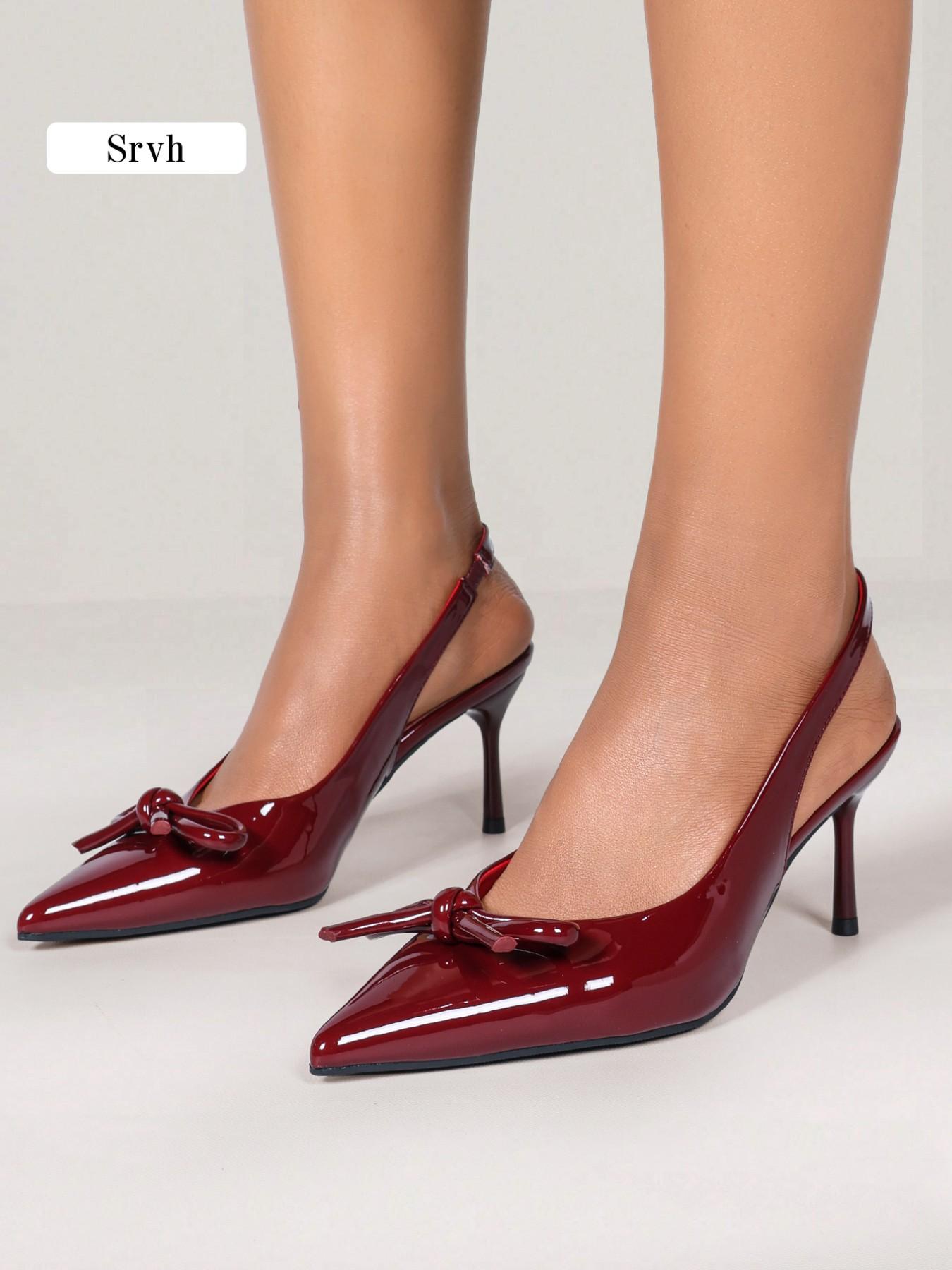 Women's Bow Pointed Toe Slingback Pumps, Glossy Patent Leather Stiletto Heels, French Vintage Day-to-Night Dress Shoes for Work, Valentine's Day, Dates, Parties & Proms