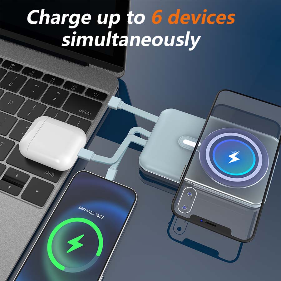 This magnetic portable charger features a built-in data cable, a 10000mAh power bank, a USB-C battery pack, and is an essential travel power bank compatible with iPhones, Android devices, and more.