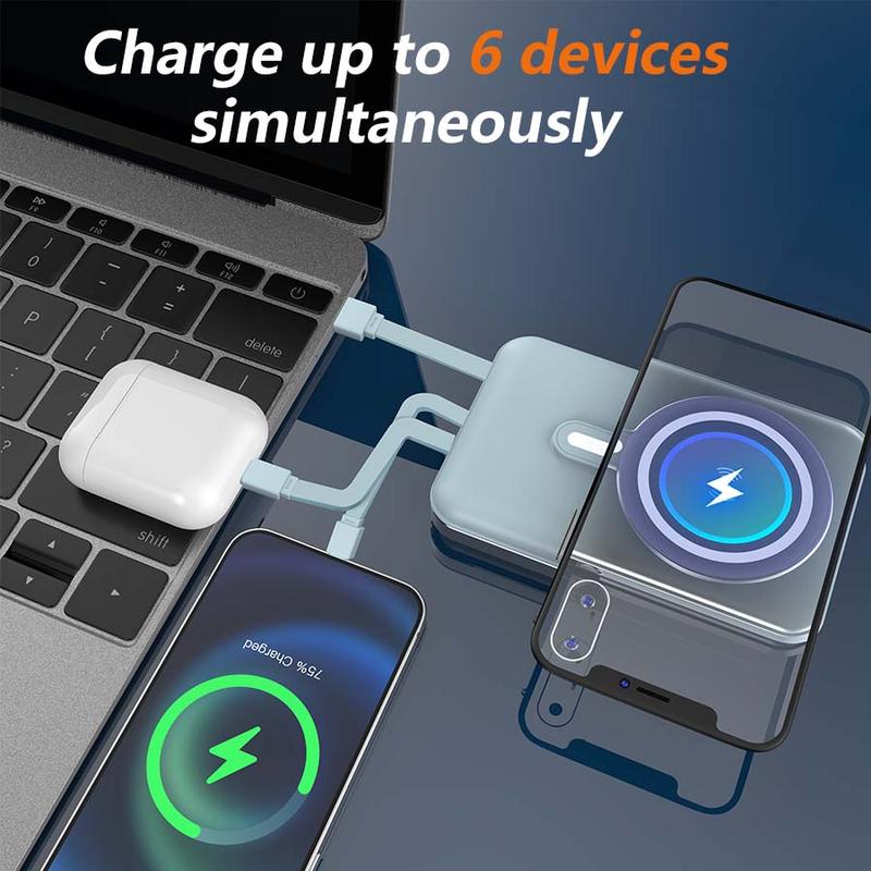 This magnetic portable charger features a built-in data cable, a 10000mAh power bank, a USB-C battery pack, and is an essential travel power bank compatible with iPhones, Android devices, and more.