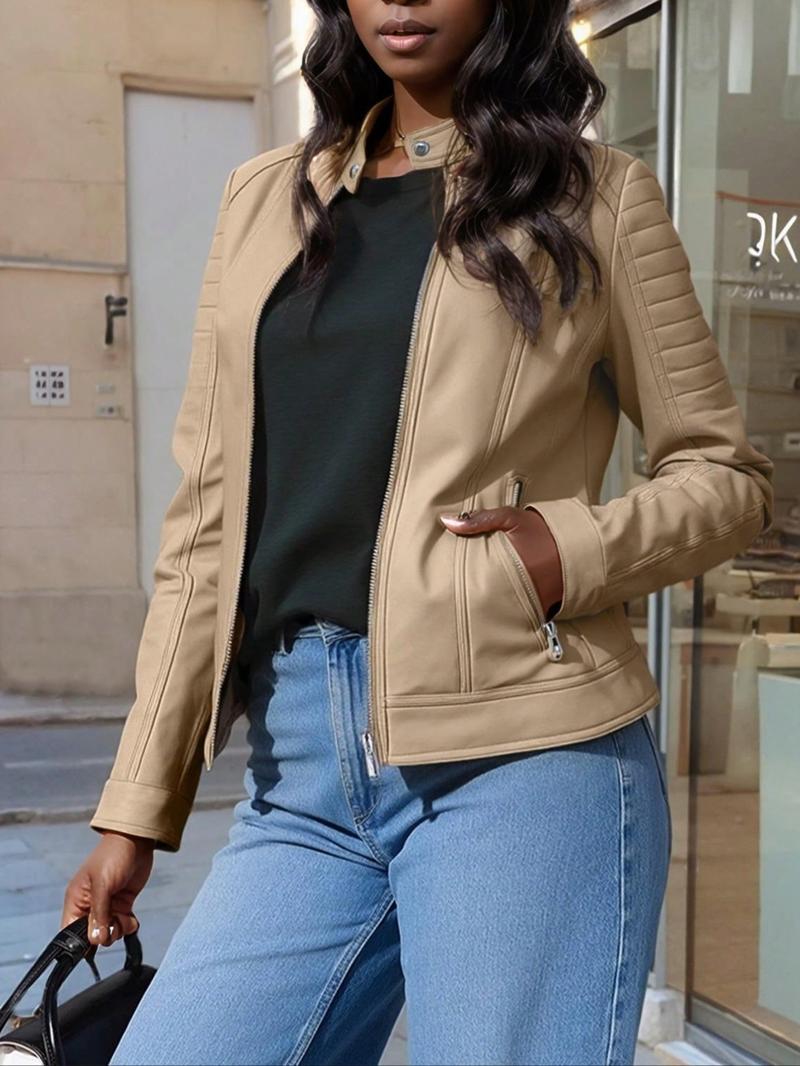 Women's PU Jacket Spring Fall Retro Motorcycle Style, Casual Fitted Plaid Outerwear, Long Sleeve Stand Collar Commuter Coat