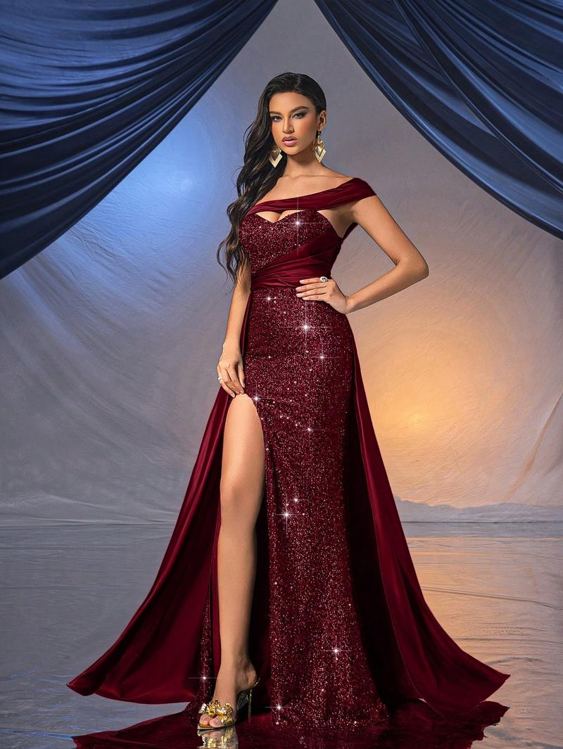 Women's high-end elegant wine red sequin satin one-shoulder evening gown, slim-fit long skirt with high slit mermaid hem, satin waist ribbon design, off-shoulder  Christmas party dress, wedding guest dress, Bridesmaid Dress, cocktail dress
