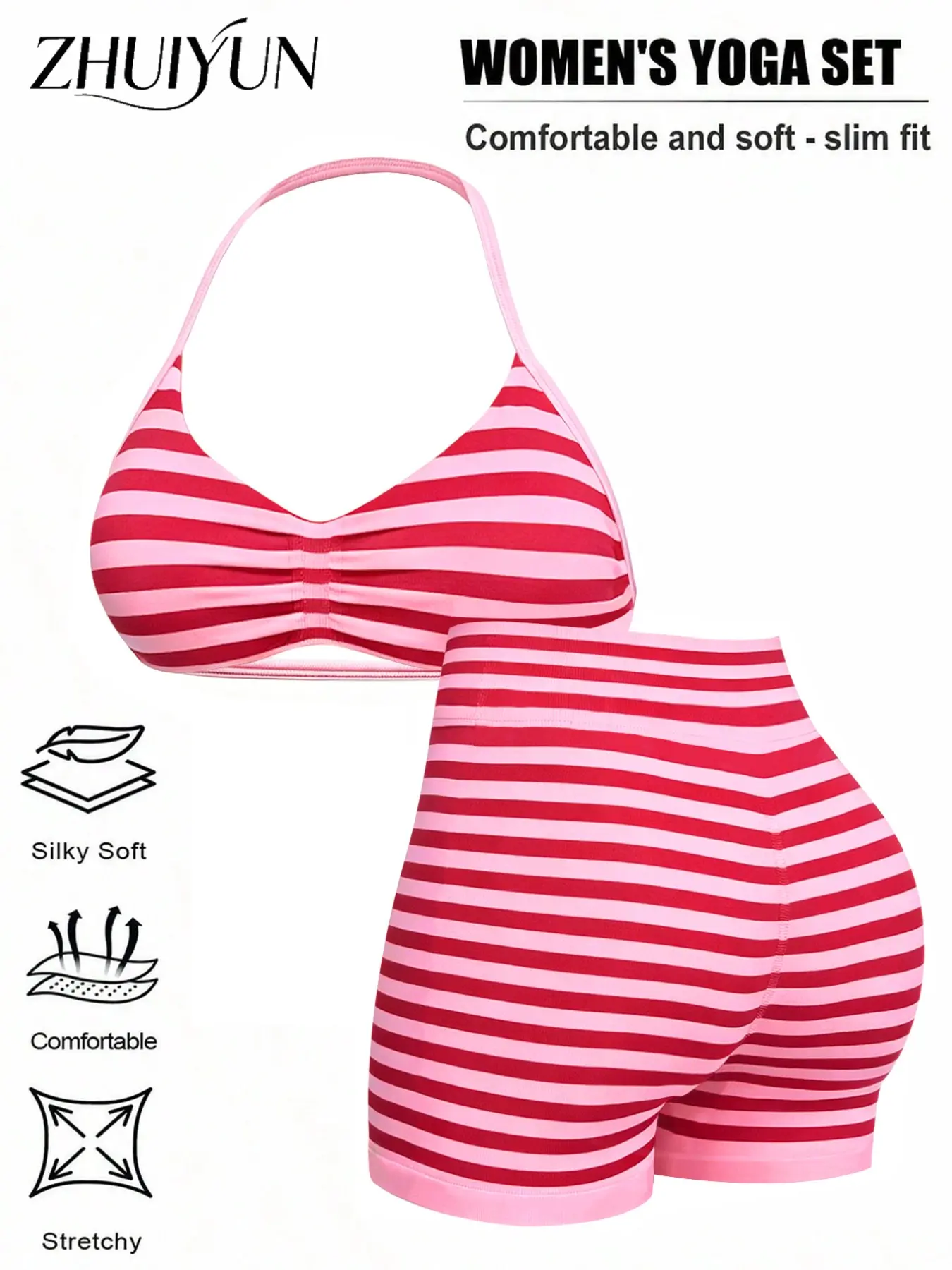 New Women's 2 Piece Activewear Set, Striped Halter Sports Top + High Waist Hip Lifter Shorts, for Yoga Fitness, Outdoor Cycling, Running, Gym Workout, Athleisure Activewear Clothing