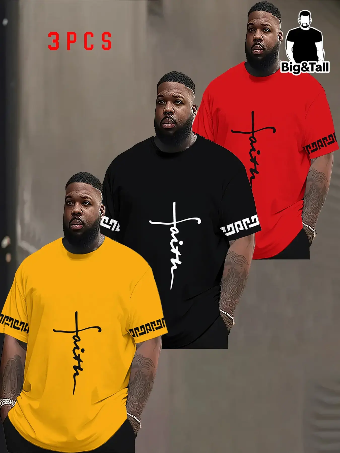 3-Pack Men's Plus Size Letter Print Short Sleeve T-Shirts, Round Neck, Casual Sporty Streetwear Style, Ideal for Outdoor Wear, Classic, Top, Casual Tee Shirt