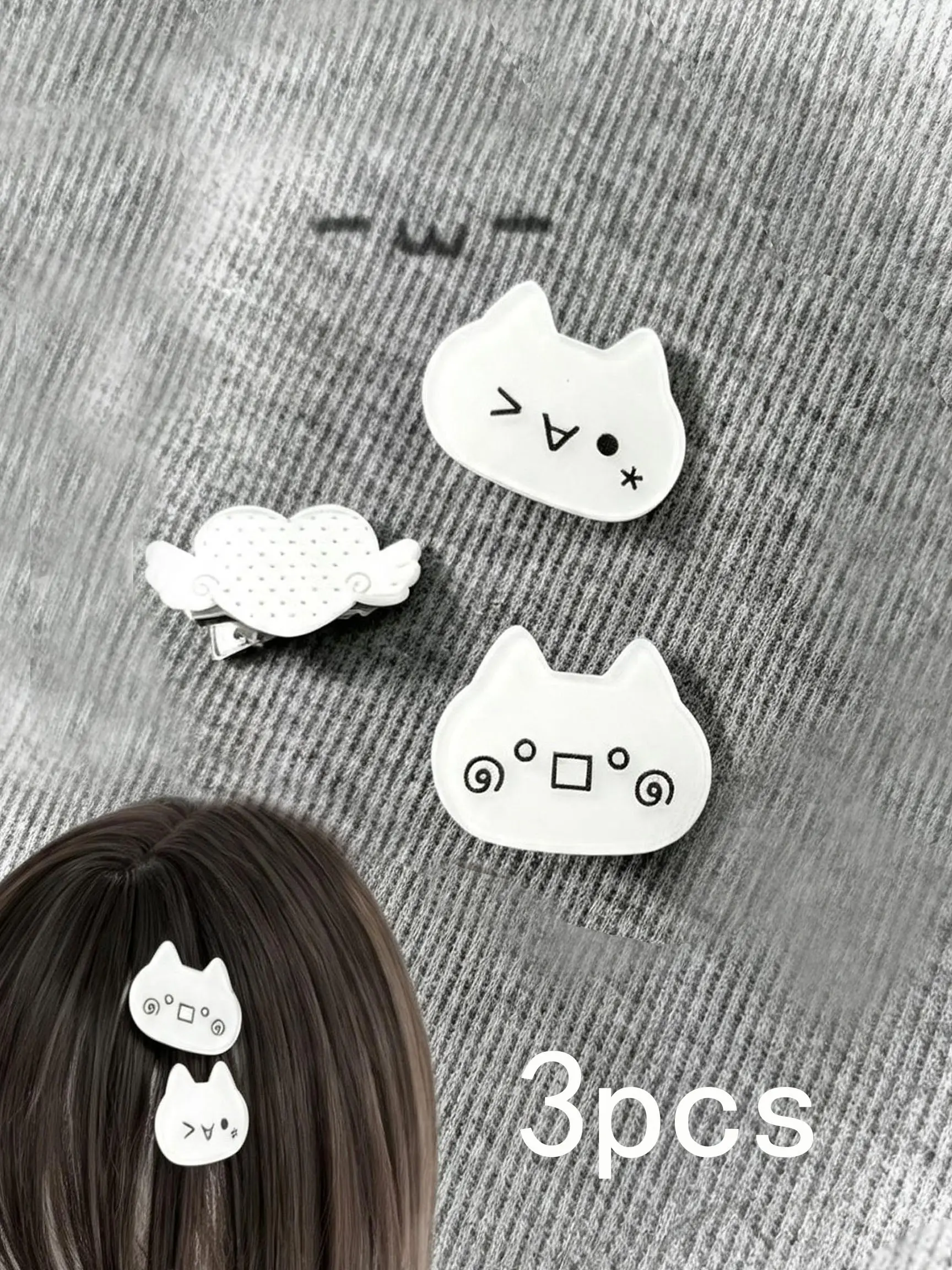 Cute Simple Line Cat Hair Clips Set, Clip Design, Cartoon Expression Kitty Barrettes, Wing Heart Decor Alligator Hair Pins, Sweet Daily Hair Accessories for Girls