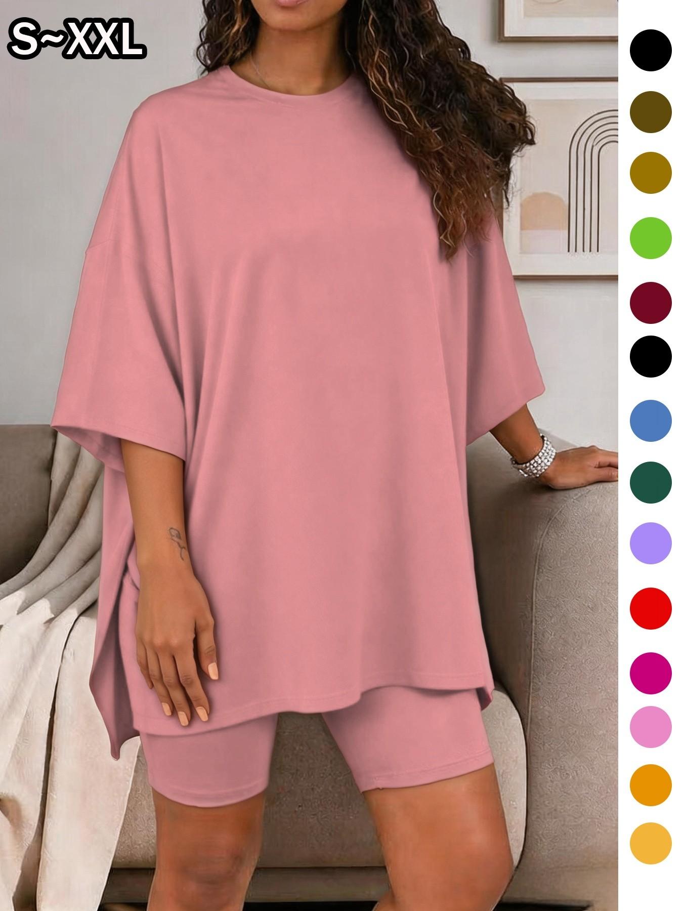 Women's Solid Color T-Shirt and Tight Shorts Set Loungewear, Summer Comfort Round Neck Pajamas, Casual Pocket Design, Suitable for Outdoor Wear