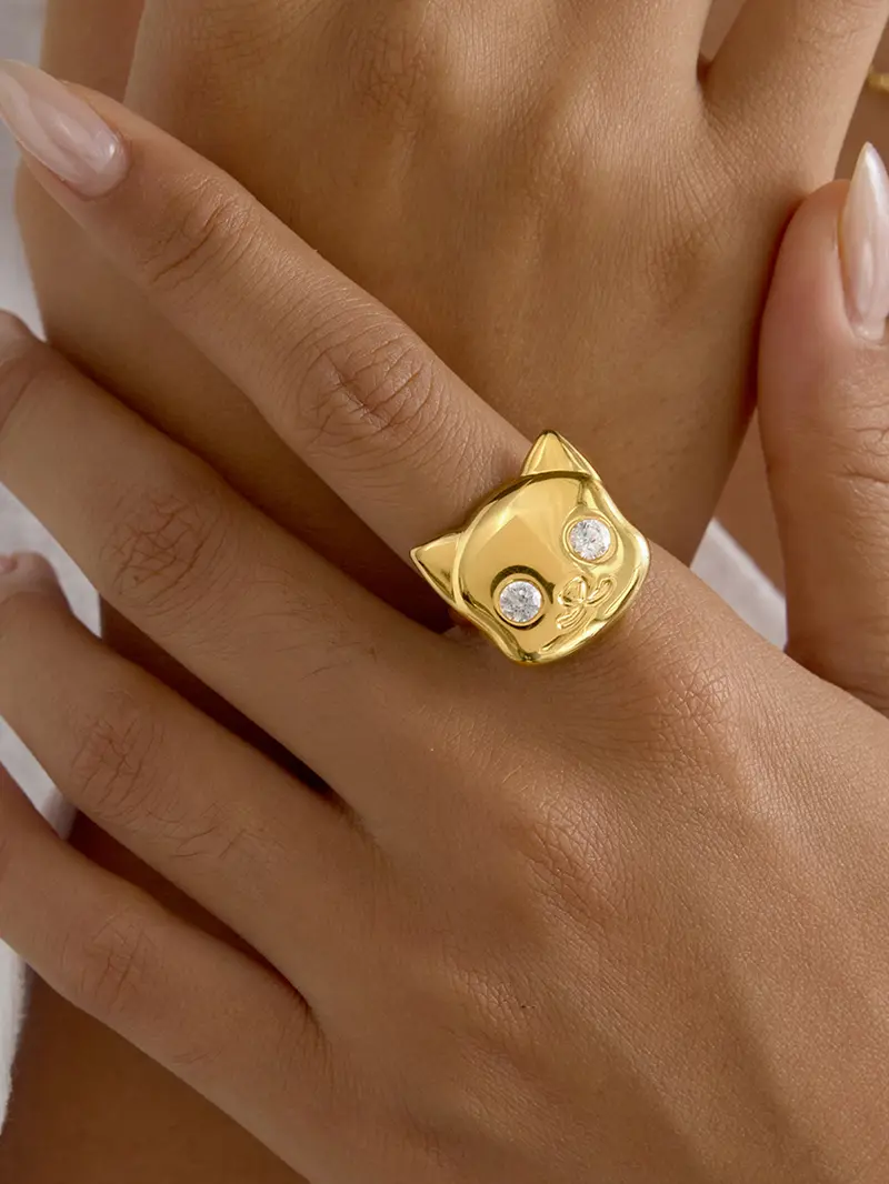 Classic 18K Plated Gold Color Cat Dog Shape Adjustable Open Ring Elegant Fashion Rings With White Zircon Stainless Steel Rings Jewelry