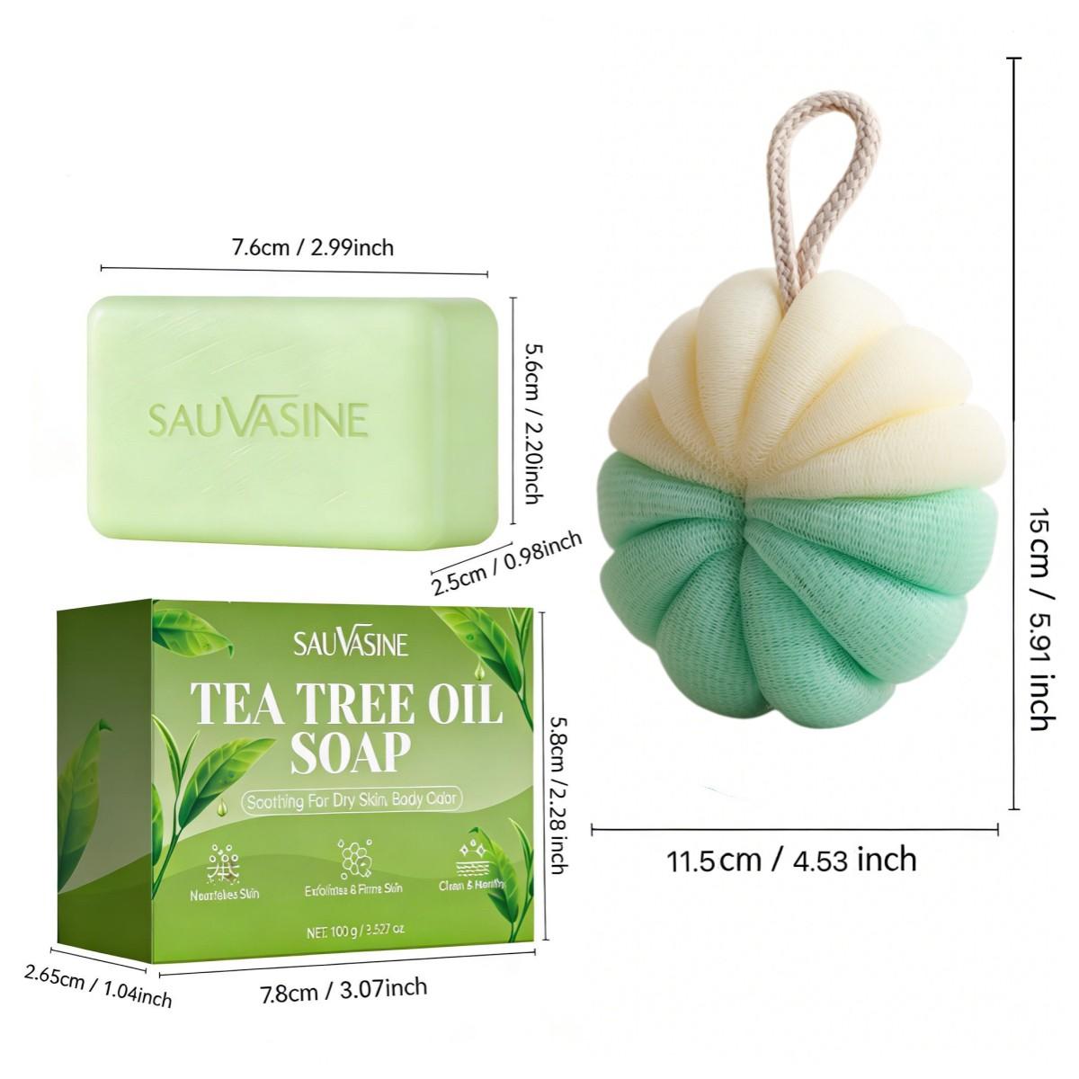 2PCS Tea Tree Leaf Soaps + Bath Sponge Set Tea Tree Soap Bar for Face & Body, Antifungal Soap with Tea Tree Oil, Antibacterial Bar Soap for Fungus, Ringworm, Acne