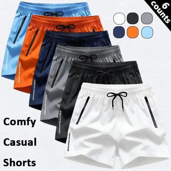 6-Pack Men's Quick Dry Tech Training Shorts | Zipper Pocket Gym & Casual Bottoms Lightweight quick-dry fabric with zipper pockets, elastic drawstring waist, and breathable stretch. Ideal for workouts, running, and daily summer wear.