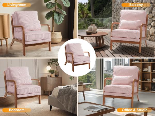 【Valentine Day Sale】FLEXISPOT AC1 Mid-Century Modern Accent Chairs, Corduroy Upholstered Armchairs with Wooden Frame, Thick Backrest & Lumbar Pillow, Comfortable Reading Chairs for Living Room, Bedroom, Balcony, Office