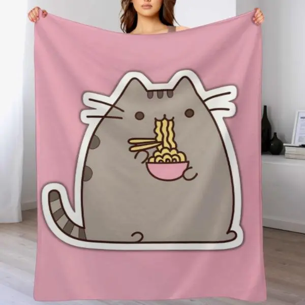 Cute Pusheen Cat Pink Blanket | Kawaii Kitty Slurping Noodle Throw Soft Cozy Plush Bed Blanket Warm All Season Girly Dorm Decor Gift