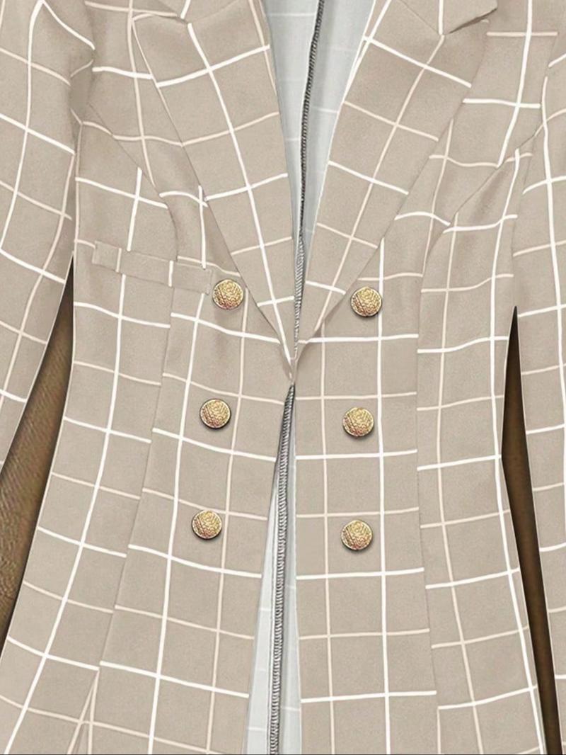 Women's Plaid Gold Button Casual Blazer Jacket, Elegant Simple Design, Office Party Autumn Winter Wear, Fitted Woven Fabric