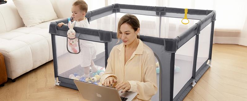 dearlomum 50"x50"/71"x59" Extra Large Baby Playpen with Soft Mesh Fence & Safety Gate for Babies & Toddlers Indoor Safety Yard Easy Assembly Clean Nonremovable Waterproof Mat Black/Gray